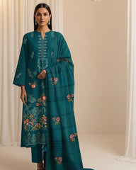Emerald Teal Bana Dora Embroidered Dhanak 3PC Unstitched