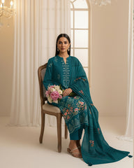 Emerald Teal Bana Dora Embroidered Dhanak 3PC Unstitched