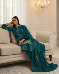 Emerald Teal Bana Dora Embroidered Dhanak 3PC Unstitched