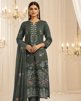 Forest Green Bana Dora Embroidered Dhanak 3PC Unstitched