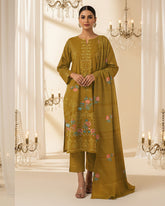 Mustard Olive Bana Dora Embroidered Dhanak 3PC Unstitched