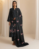 Midnight Black Bana Dora Embroidered Dhanak 3PC Unstitched