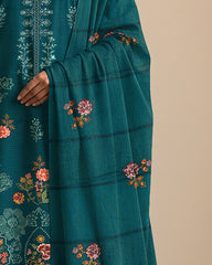 Emerald Teal Bana Dora Embroidered Dhanak 3PC Unstitched